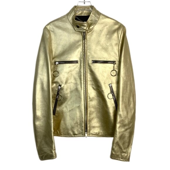 009591 Balenciaga Logo Embroidered Gold Collar Leather Jacket 46 S Size - Picture 1 of 7